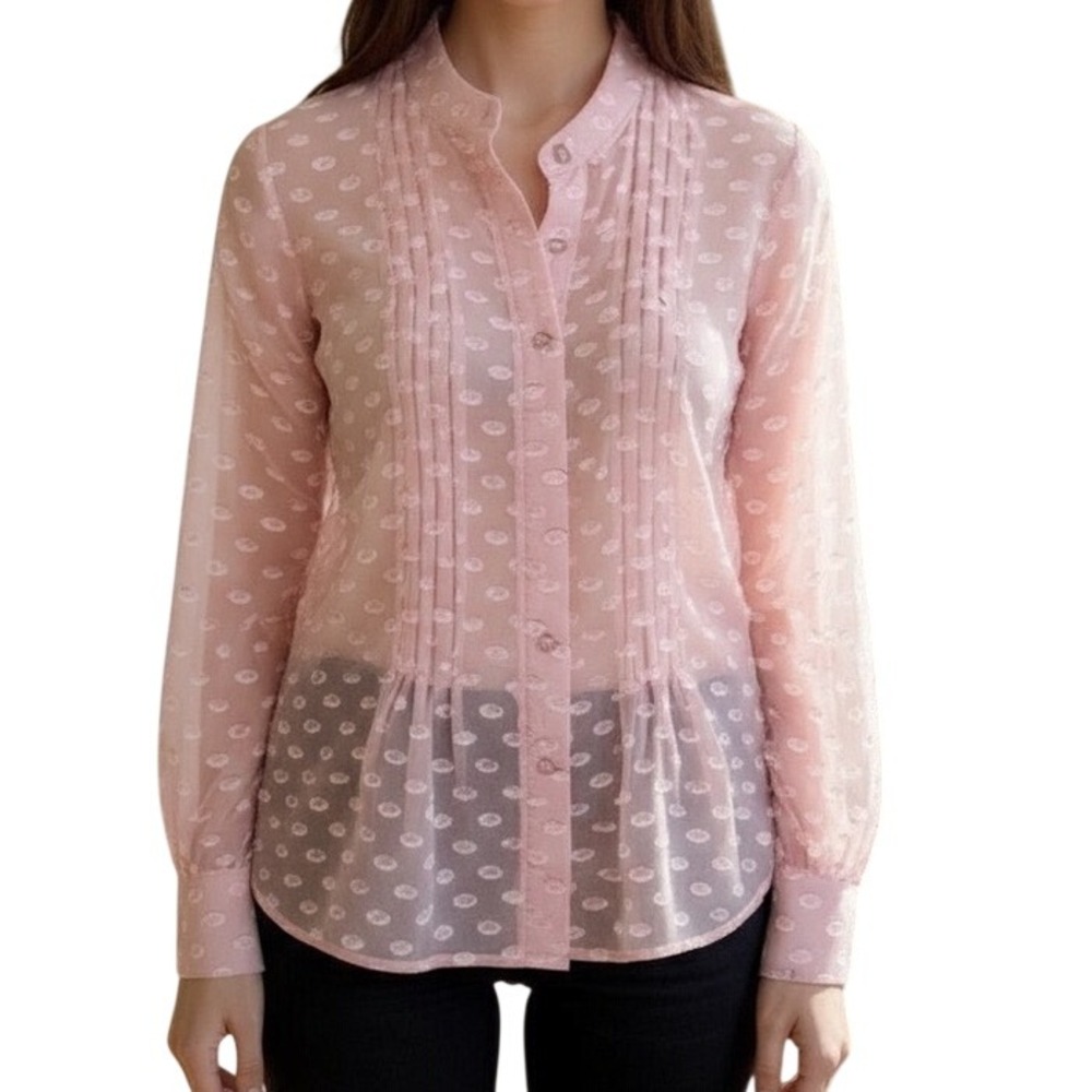 Soft Surroundings Pink Silk Dot Pintuck Sheer LS Button Round Neck Blouse Small